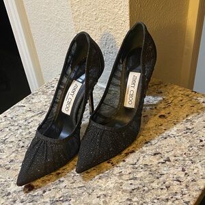 Jimmy Choo Black Glitter Pointed-Toe Stiletto Mesh Pumps